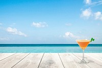 Summer product backdrop mockup psd, blue sea and drink