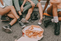 Girls hangout aesthetic, friends eating pizza while sitting on the ground