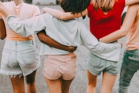 Girl squad hugging, best friends goal aesthetic rear view