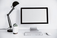 Blank computer screen, minimal workspace decoration photo