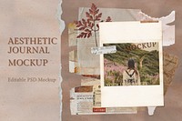 Aesthetic journal mockup, ripped paper with leaf psd