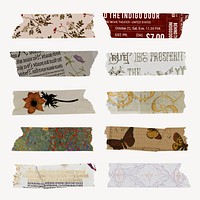 Vintage washi tape clipart, aesthetic journal collage element psd set