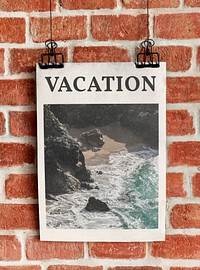 Poster mockup, vacation decoration on brick wall psd