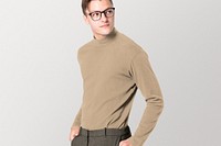 Casual long sleeve shirt mockup, simple beige apparel design worn by a young man psd