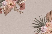 Beautiful floral beige background, aesthetic gold leaf border psd