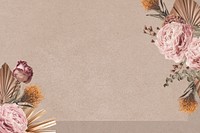 Beautiful floral beige background, aesthetic gold leaf border psd