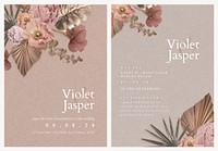 Floral wedding invitation card template, aesthetic beige design set psd