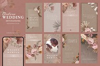 Online wedding invitation template, aesthetic floral design set vector