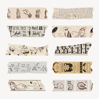 Vintage washi tape collage element, beige & gold stationery design vector set