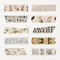 Vintage washi tape collage element, beige & gold stationery design psd set