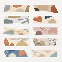 Abstract memphis washi tape clipart, aesthetic earth tone design psd set