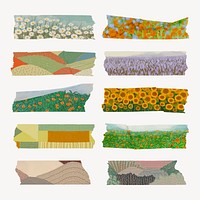 Floral washi tape sticker, aesthetic colorful design vector set