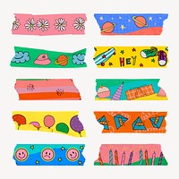 Colorful washi tape sticker, fun design for kids vector set