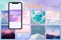 Aesthetic social media template psd, New Year and Christmas set