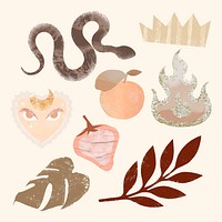 Exotic animal stickers, aesthetic earthy collage elements vector set