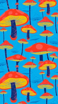 Mushroom psychedelic phone wallpaper, blue cottagecore design