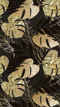 Aesthetic leaf pattern mobile wallpaper, gold glitter