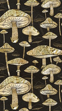 Gold mushroom pattern phone wallpaper, cottagecore design 