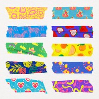 Funky pattern washi tape clipart, colorful journal decoration psd set