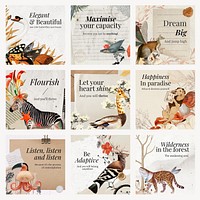 Retro animal collage post template, editable vintage surreal journal planner scrapbook artwork with quote social media vector pack