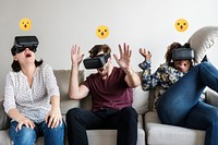 Diverse friends enjoying virtual reality at home