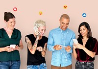 Happy diverse people using digital devices