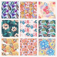 Seamless flower pattern background, vintage botanical art deco vector set 