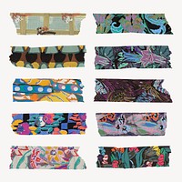 Abstract floral washi tape sticker, art deco vector set