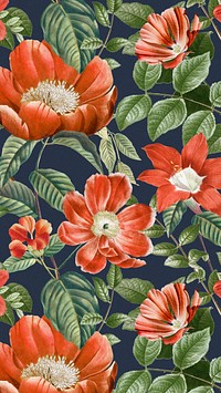 Red flower pattern phone wallpaper, vintage botanical background, remix from the artworks of Pierre Joseph Redouté