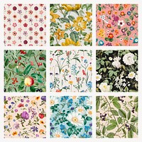 Botanical seamless patterns, vintage floral background set psd, remixed from original artworks by Pierre Joseph Redouté