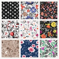 Botanical seamless patterns, flower & leaf background set vector, remixed from original artworks by Pierre Joseph Redouté