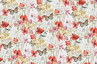 Butterfly & flower pattern background, botanical design psd, remix from the artworks of Pierre Joseph Redouté