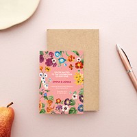 Floral card mockup, flat lay design psd, remix from the artworks of Pierre Joseph Redouté