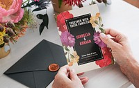 Wedding card mockup, bride holding invitation design psd, remix from the artworks of Pierre Joseph Redouté