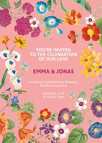 Flower invitation card template, wedding theme design psd, remixed from original artworks by Pierre Joseph Redouté