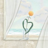 Flower heart leaf illustration, sea view window design psd