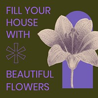 Floral social media template, retro modern aesthetic purple halftone, fill your house with beautiful flowers design vector