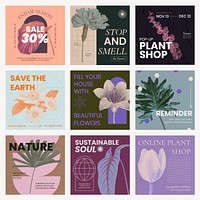 Botanical & floral template set, retro modern aesthetic halftone, social media feed design vector