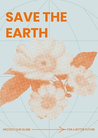 Retro floral poster template, modern aesthetic orange halftone, save the earth design psd