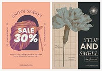 Abstract botanical poster template set, retro modern aesthetic, orange & green design psd