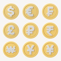 International currency exchange, money sign clipart, 3D psd set