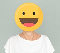 Happy face emoji portrait on a woman