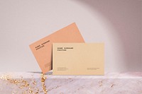 Orange business card mockups, branding design, pink marble product backdrop psd