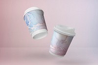 Takeaway coffee cup mockups, light pink marble sleeves design psd
