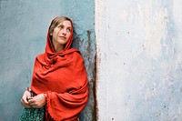 Woman wearing scarf mockup, Holi day design psd