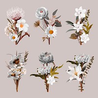 Botanical element stickers, floral design set psd