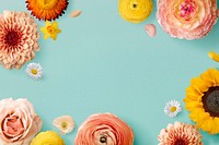 Cute colorful flowers frame background, botanical design