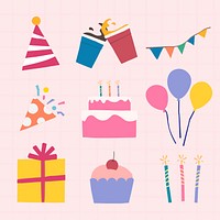 Birthday party sticker set, festive design vector