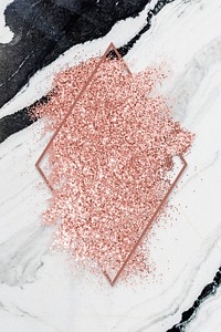 Pink gold glitter with a brownish red rhombus frame on a gray marble background illustration