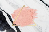 Pastel pink paint with a gold triangle frame on a white marble background illustration
